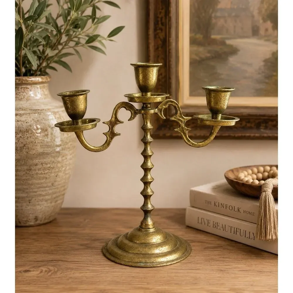 Vintage Brass 3 Arm Candelabra Candlestick Holder Gothic Spanish Colonial 7.5”